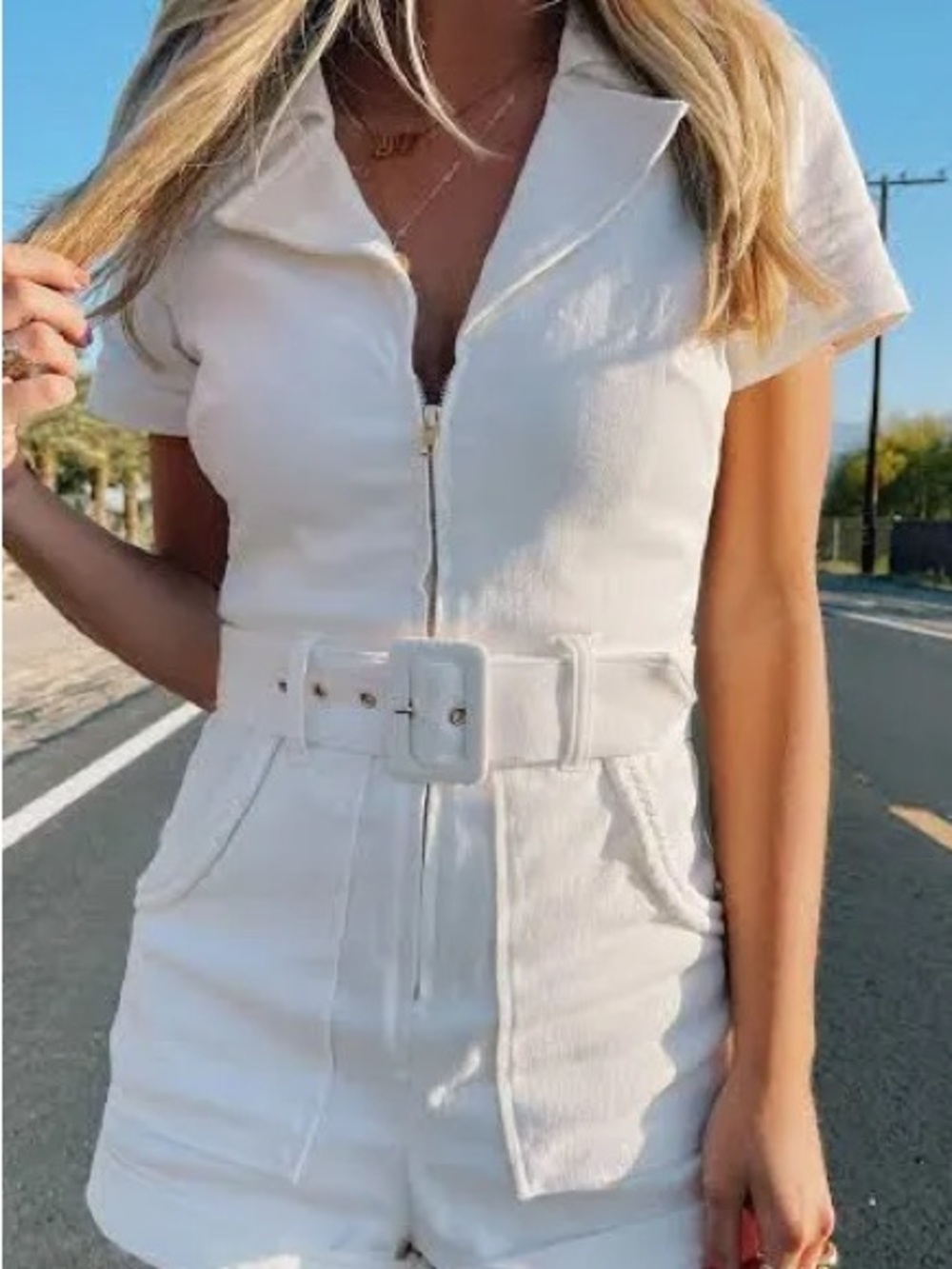 Show Me Your MuMu White Zip-Front Belted Mini Romper